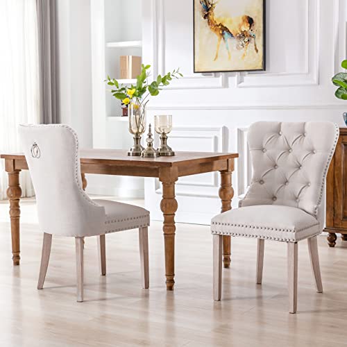chairus Dining Chairs Set of 2 with Tufted High Back Retro Linen Fabric Upholstered Dining Room Chairs Side Chairs Rustic White Wood Legs Nailhead Trim Ring Pull- Beige 2PCS