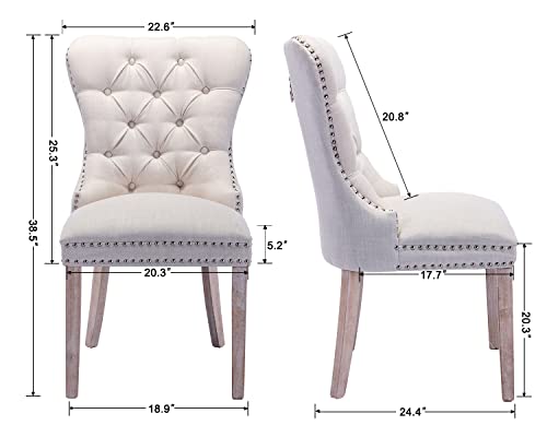 chairus Dining Chairs Set of 2 with Tufted High Back Retro Linen Fabric Upholstered Dining Room Chairs Side Chairs Rustic White Wood Legs Nailhead Trim Ring Pull- Beige 2PCS