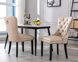 cimota pu leather dining chairs set of 2, upholstered modern tufted dining room chairs nailhead trim armless side chair with solid wood for kitchen/dining room/bedroom (beige, ring on the back)