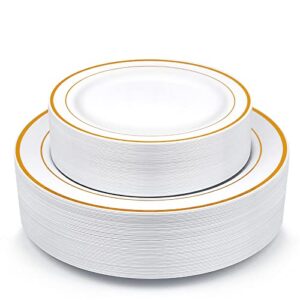gold plastic plates, mcirco 100 pieces disposable party plates for weddings, premium gold rim plates, include 50 10.25 inch dinner plates and 50 7.5 inch dessert appetizer plates