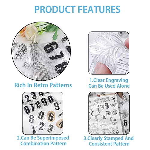 Modixun 4 Themes 34Pcs Clear Stamps, Retro Rubber Clear Stamp, Transparent Silicone Clear Stamps Seal for DIY Scrapbooking Card Making Decoration, Style A