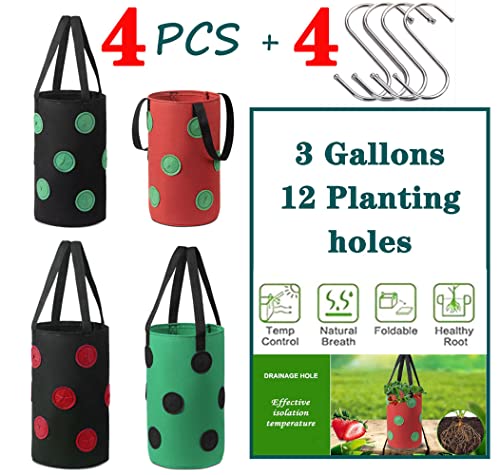 4 Pcs Upside Down Strawberry Planter- 4 Hooks 3 Gallon Hanging Strawberry Planter Hanging Planter,Sturdy Hanging Handle Thickened Breathable Felt Cloth for Tomato Hot Peppers Vegetables (4Pcs 3Gal)