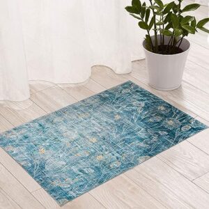 Fashriend Phyllis Door Mat Rug-2'×3' Modern Machine Washable Floral Rug Boho Non Slip Small Area Rug Pad Floor Carpet for Living Room Dining Laundry Bedroom Bathroom Kitchen Classroom Office-Blue