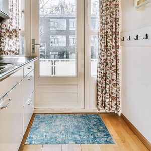 Fashriend Phyllis Door Mat Rug-2'×3' Modern Machine Washable Floral Rug Boho Non Slip Small Area Rug Pad Floor Carpet for Living Room Dining Laundry Bedroom Bathroom Kitchen Classroom Office-Blue