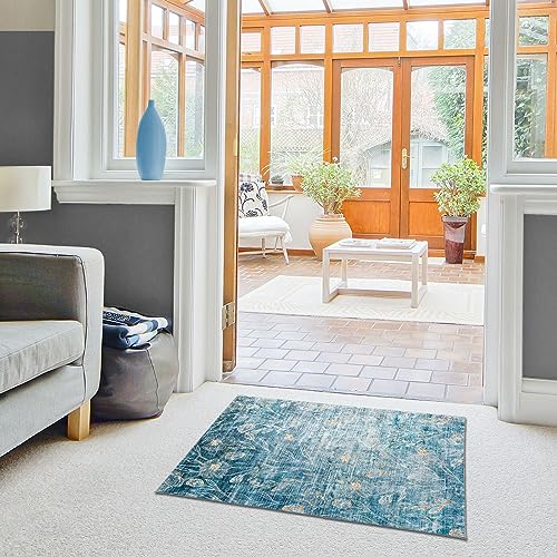 Fashriend Phyllis Door Mat Rug-2'×3' Modern Machine Washable Floral Rug Boho Non Slip Small Area Rug Pad Floor Carpet for Living Room Dining Laundry Bedroom Bathroom Kitchen Classroom Office-Blue