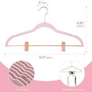 HOUSE DAY Velvet Skirt Hangers 24 Pack, Non Slip Velvet Pants Hangers with Rose Gold Clips, Ultra Thin Velvet Hangers Space Saving, Heavy-Duty Clothes Hanger for Trouser, Jeans, Dresses, Coats (Pink)