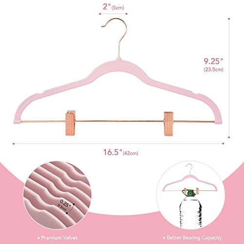 HOUSE DAY Velvet Skirt Hangers 24 Pack, Non Slip Velvet Pants Hangers with Rose Gold Clips, Ultra Thin Velvet Hangers Space Saving, Heavy-Duty Clothes Hanger for Trouser, Jeans, Dresses, Coats (Pink)