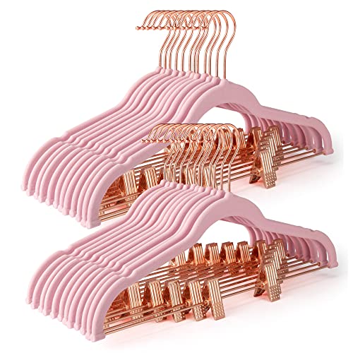 HOUSE DAY Velvet Skirt Hangers 24 Pack, Non Slip Velvet Pants Hangers with Rose Gold Clips, Ultra Thin Velvet Hangers Space Saving, Heavy-Duty Clothes Hanger for Trouser, Jeans, Dresses, Coats (Pink)