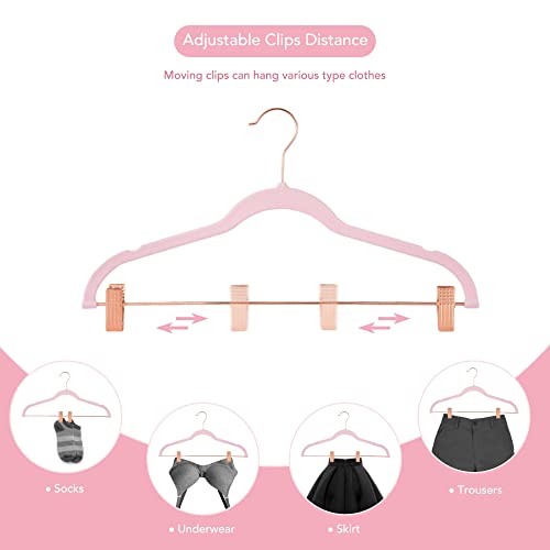 HOUSE DAY Velvet Skirt Hangers 24 Pack, Non Slip Velvet Pants Hangers with Rose Gold Clips, Ultra Thin Velvet Hangers Space Saving, Heavy-Duty Clothes Hanger for Trouser, Jeans, Dresses, Coats (Pink)