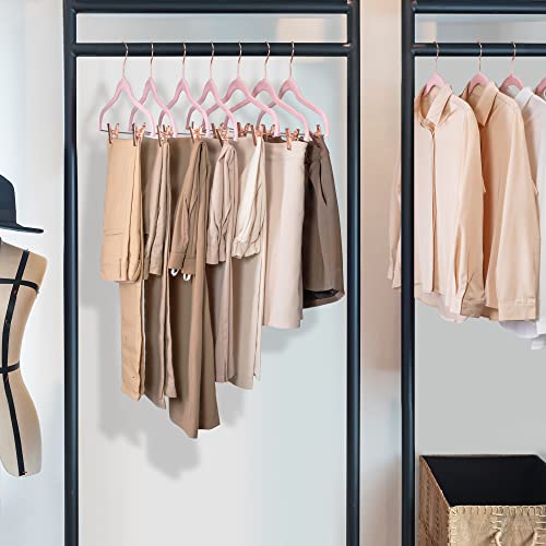 HOUSE DAY Velvet Skirt Hangers 24 Pack, Non Slip Velvet Pants Hangers with Rose Gold Clips, Ultra Thin Velvet Hangers Space Saving, Heavy-Duty Clothes Hanger for Trouser, Jeans, Dresses, Coats (Pink)