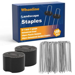 whonline 100pcs 6 inch landscape staples set, 50pcs galvanized garden staples and 50pcs gasket, 11 gauge heavy duty fabric staples for securing lawn fabric, weed barrier