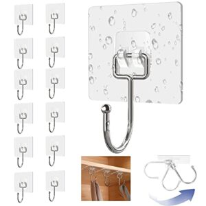 aussido large wall hooks for hanging heavy duty 12 pack adhesive hooks for coat towel waterproof and oilproof sticky hooks for bathroom kitchen(transparent)