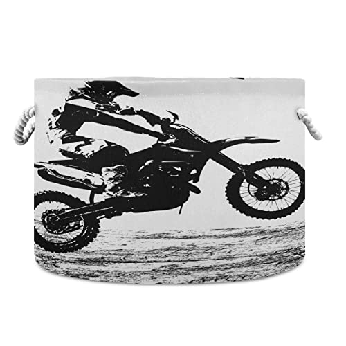 xigua Motocross Rider Round Storage Basket Collapse Canvas Fabric Storage Bin with Handles for Organizing Home/Kitchen/Kids Toy/Office/Closet