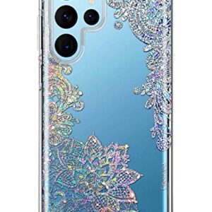 Coolwee Clear Glitter for Galaxy S22 Ultra - 6.8" Thin Flower Slim Cute Crystal Lace Bling Women Girl Floral Plastic Hard Back Soft TPU Bumper Protective Cover for Samsung S22 Ultra Mandala Henna