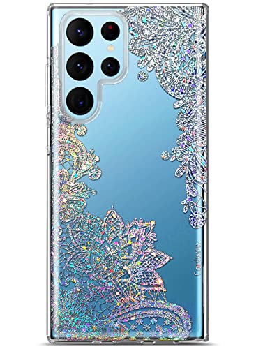 Coolwee Clear Glitter for Galaxy S22 Ultra - 6.8" Thin Flower Slim Cute Crystal Lace Bling Women Girl Floral Plastic Hard Back Soft TPU Bumper Protective Cover for Samsung S22 Ultra Mandala Henna