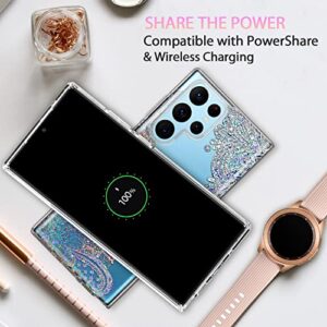 Coolwee Clear Glitter for Galaxy S22 Ultra - 6.8" Thin Flower Slim Cute Crystal Lace Bling Women Girl Floral Plastic Hard Back Soft TPU Bumper Protective Cover for Samsung S22 Ultra Mandala Henna