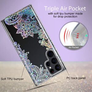 Coolwee Clear Glitter for Galaxy S22 Ultra - 6.8" Thin Flower Slim Cute Crystal Lace Bling Women Girl Floral Plastic Hard Back Soft TPU Bumper Protective Cover for Samsung S22 Ultra Mandala Henna