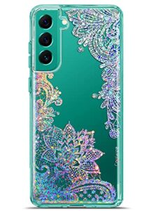 coolwee anti yellowing clear glitter for samsung galaxy s22 plus, 6.6 inch, thin flower slim cute crystal lace bling women girls floral plastic hard back soft tpu bumper protective cover mandala henna