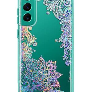 Coolwee Anti Yellowing Clear Glitter for Samsung Galaxy S22 Plus, 6.6 inch, Thin Flower Slim Cute Crystal Lace Bling Women Girls Floral Plastic Hard Back Soft TPU Bumper Protective Cover Mandala Henna