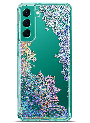 Coolwee Anti Yellowing Clear Glitter for Samsung Galaxy S22 Plus, 6.6 inch, Thin Flower Slim Cute Crystal Lace Bling Women Girls Floral Plastic Hard Back Soft TPU Bumper Protective Cover Mandala Henna