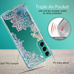 Coolwee Anti Yellowing Clear Glitter for Samsung Galaxy S22 Plus, 6.6 inch, Thin Flower Slim Cute Crystal Lace Bling Women Girls Floral Plastic Hard Back Soft TPU Bumper Protective Cover Mandala Henna