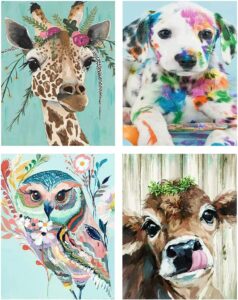 4 pack animal paint by numbers for adults kids beginner, on canvas diy giraffe owl cow dog oil painting for home decor 12x16 inch