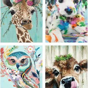 4 Pack Animal Paint by Numbers for Adults Kids Beginner, On Canvas DIY Giraffe Owl Cow Dog Oil Painting for Home Decor 12X16 Inch
