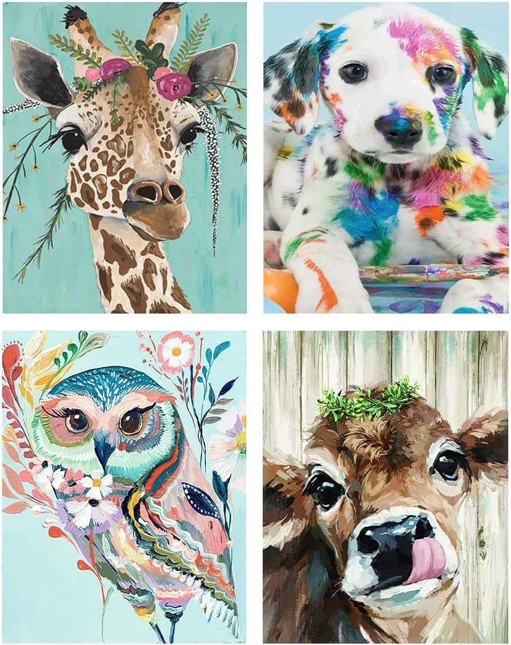 4 Pack Animal Paint by Numbers for Adults Kids Beginner, On Canvas DIY Giraffe Owl Cow Dog Oil Painting for Home Decor 12X16 Inch
