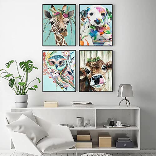 4 Pack Animal Paint by Numbers for Adults Kids Beginner, On Canvas DIY Giraffe Owl Cow Dog Oil Painting for Home Decor 12X16 Inch