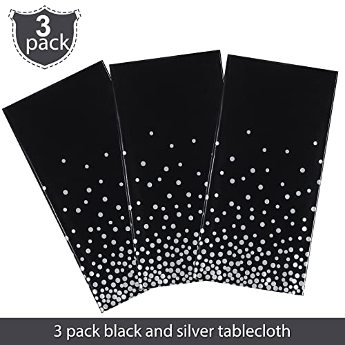 3 Pieces Dot Tablecloth Confetti Rectangle Plastic Disposable Table Cover for Birthday Wedding Baby Shower Engagement Anniversary Bachelorette Party, 54 x 108 Inch (Black and Silver)