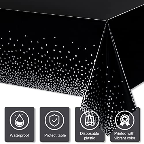 3 Pieces Dot Tablecloth Confetti Rectangle Plastic Disposable Table Cover for Birthday Wedding Baby Shower Engagement Anniversary Bachelorette Party, 54 x 108 Inch (Black and Silver)