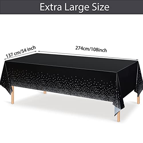 3 Pieces Dot Tablecloth Confetti Rectangle Plastic Disposable Table Cover for Birthday Wedding Baby Shower Engagement Anniversary Bachelorette Party, 54 x 108 Inch (Black and Silver)