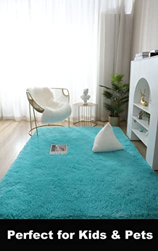 Aimusego Plush Modern Area Rug, 4x5.3ft Soft Fuzzy Turquoise Blue Rugs for Bedroom for Living Room Bedroom, Shaggy Carpet Throw Rugs for Kids Girls Boys Dorm Room, Dorm Rugs for College Students Girls