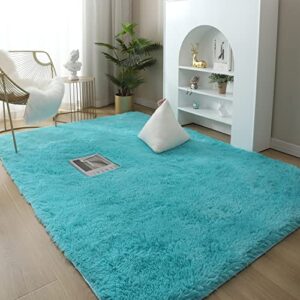 aimusego plush modern area rug, 4x5.3ft soft fuzzy turquoise blue rugs for bedroom for living room bedroom, shaggy carpet throw rugs for kids girls boys dorm room, dorm rugs for college students girls