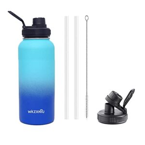 wkzxniu stainless steel water bottle with straw, 32oz, bpa free, leak proof, 2 lids, for gym travel and camping (blue/green)…