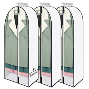fitermoe 60" garment bags for hanging clothes, 8" gusseted garment bags for travel, clear suit bags for closet storage overcoat, long dress, gowns, 3-pack