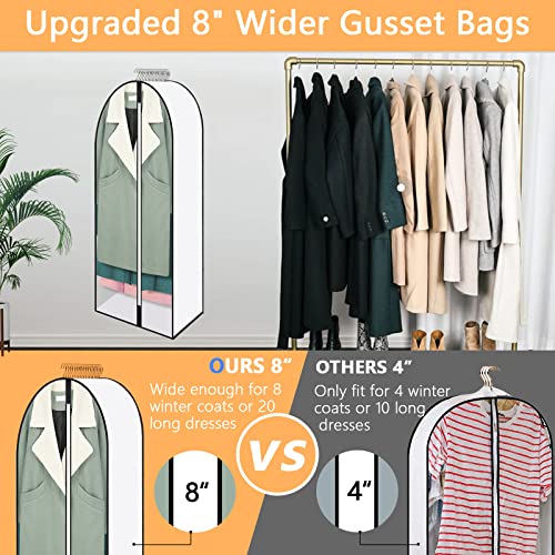 fitermoe 60" Garment Bags For Hanging Clothes, 8" Gusseted Garment Bags For Travel, Clear Suit Bags For Closet Storage Overcoat, Long Dress, Gowns, 3-Pack