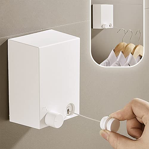 Retractable Clothesline，Indoor Clothesline for Drying Clothes-Wall-Mounted Stainless Steel self-Adhesive and Wall-Mounted Laundry Rope (13.8 feet) White