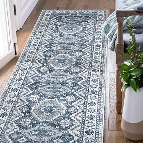 jinchan Area Rug 2x7 Washable Rug Runner Rug Hallway Rug Vintage Carpet Indoor Kilim Rug Grey Blue Traditional Overdyed Retro Gray Accent Rug Non Slip for Kitchen Bathroom Living Room Bedroom