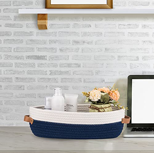 Oradrem Set of 2 Toilet Basket,Woven Storage Basket for Toilet Tank Top Farmhouse Home Decor Organizing Baskets 13"x5.9"x4" Navy Stitching White