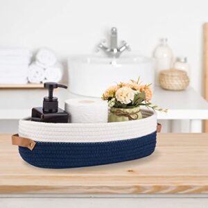 Oradrem Set of 2 Toilet Basket,Woven Storage Basket for Toilet Tank Top Farmhouse Home Decor Organizing Baskets 13"x5.9"x4" Navy Stitching White