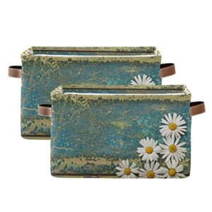 flower floral daisy wood storage bin canvas toys storage basket bin large storage cube box collapsible with handles for home office bedroom closet shelves，2 pcs