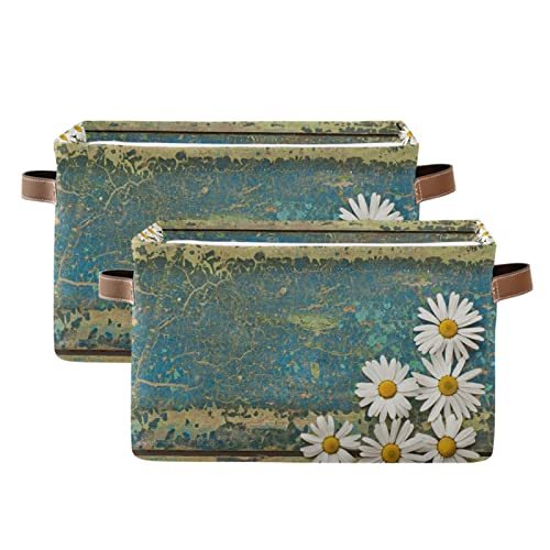 Flower Floral Daisy Wood Storage Bin Canvas Toys Storage Basket Bin Large Storage Cube Box Collapsible with Handles for Home Office Bedroom Closet Shelves，2 pcs