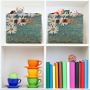 Flower Floral Daisy Wood Storage Bin Canvas Toys Storage Basket Bin Large Storage Cube Box Collapsible with Handles for Home Office Bedroom Closet Shelves，2 pcs