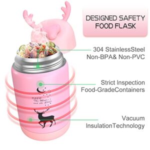 Kids Water Bottle-13 Oz Lunch Container Leak Proof Thermal Flask With Folding Spoon,Double Walled Thermos (Pink)