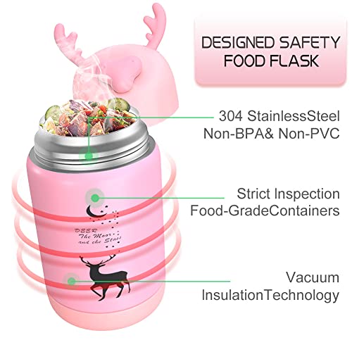 Kids Water Bottle-13 Oz Lunch Container Leak Proof Thermal Flask With Folding Spoon,Double Walled Thermos (Pink)