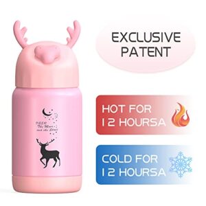 Kids Water Bottle-13 Oz Lunch Container Leak Proof Thermal Flask With Folding Spoon,Double Walled Thermos (Pink)