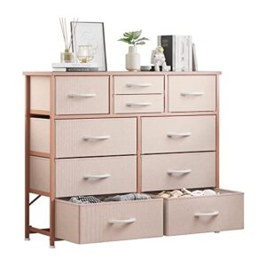 lumtok 10-drawer dresser, fabric storage dressers drawers for bedroom, hallway, nursery, closets, steel frame, wood top, easy pull handle (rose gold)