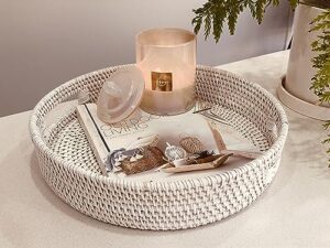 simply fabulous round white rattan serving tray with handles, 11.8 inch, hand woven in a durable stunning design, a great serving basket for food or drinks