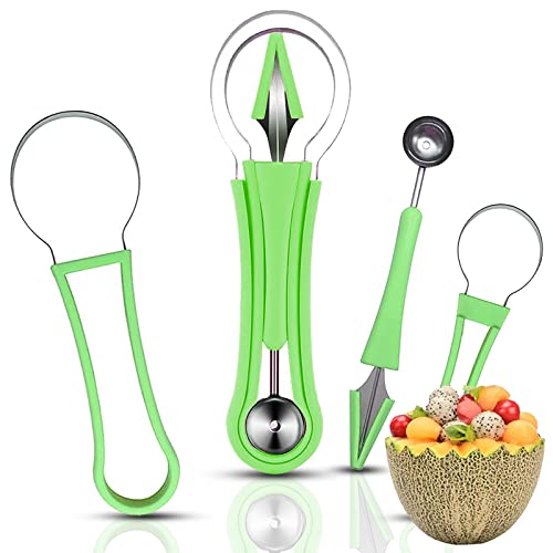 JTDEAL Melon Ball Scoop Set, Multifunctional 4 in 1 Stainless Steel Fruit Carving Tool Knife Set, Fruit Platter Carving Fruit Plate Small Tool, Cantaloupe Watermelon Ball Scoop (Green)